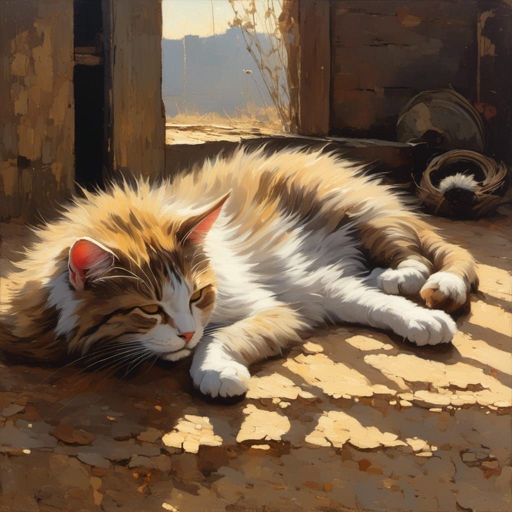 Pencillation model test - a farm cat sleeping in a sunspot on the floor