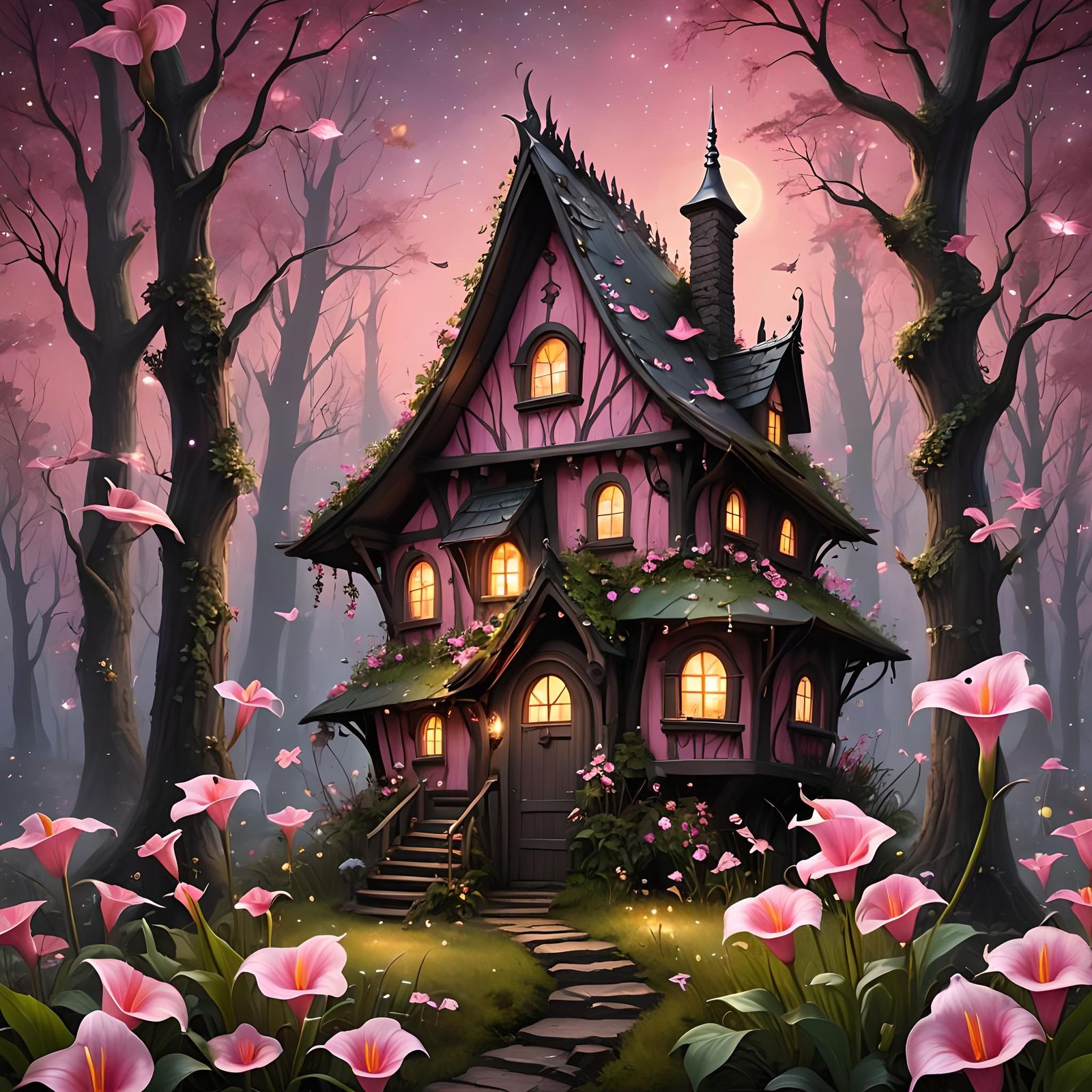 Whimsical Fairy Witch House in Woods with Pink Stars and Blo...