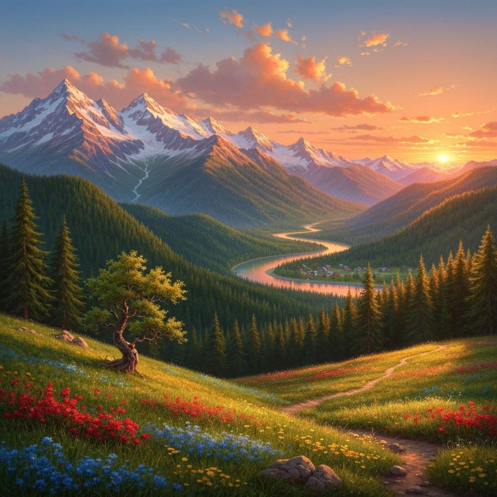 A breathtaking mountain landscape at sunset, featuring towering, snow-capped peaks that dominate the horizon. A winding river or large strea...