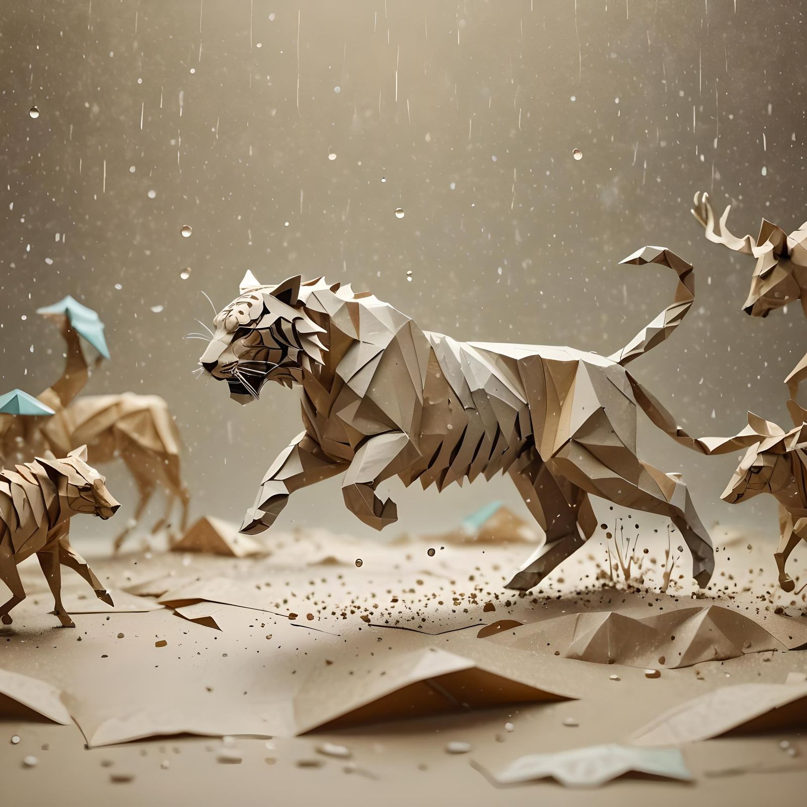 Tiger Pursuing Deer in Rainy Landscape
