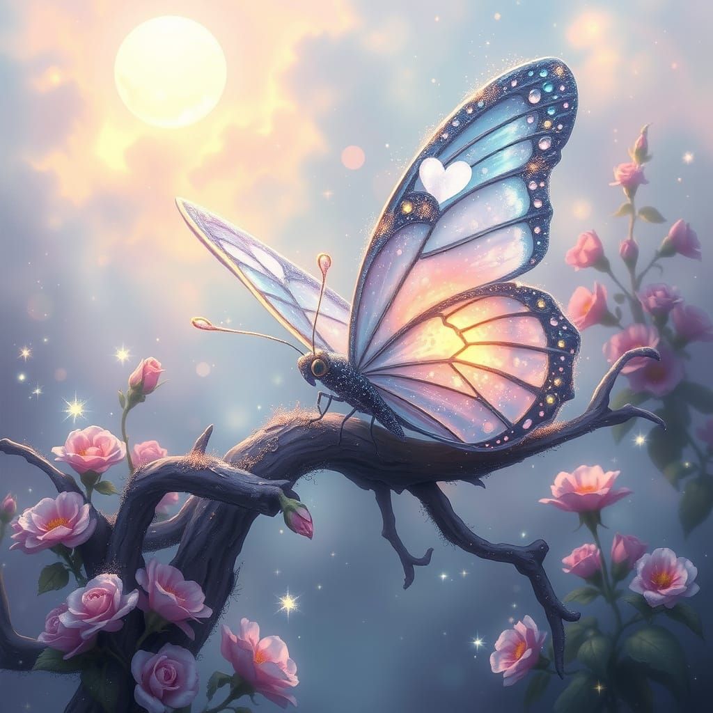 A butterfly made of moonbeams and starlight lands of a crystal rose  by @LavanaVonCorvis