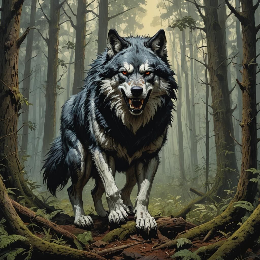 Wolf in Mysterious Forest Landscape in Dark Style