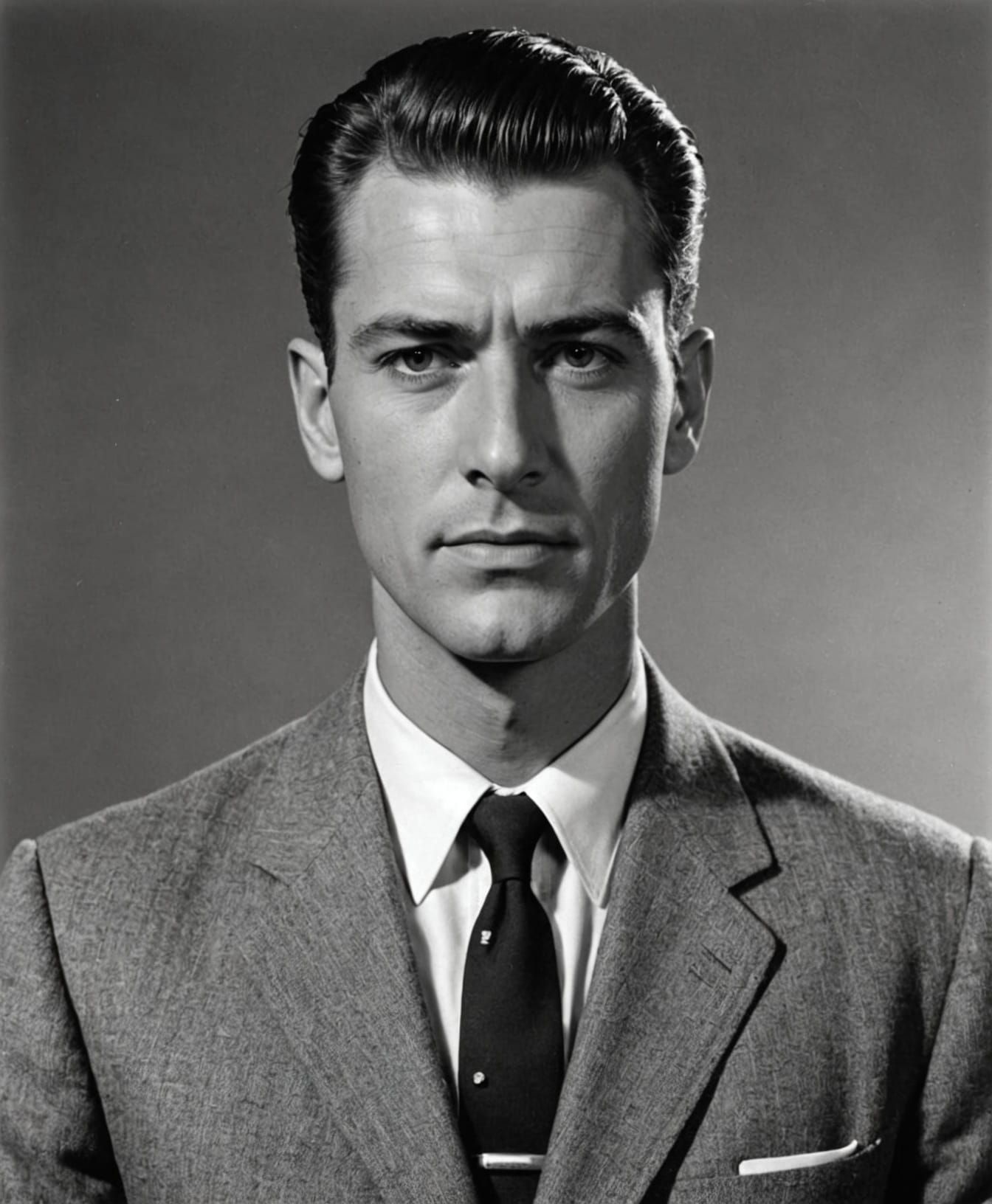 Capture the look and feel of a mugshot of men's postwar style. Focus on tailored shapes, slick hair, and classic silhouettes. Keep it clean,...