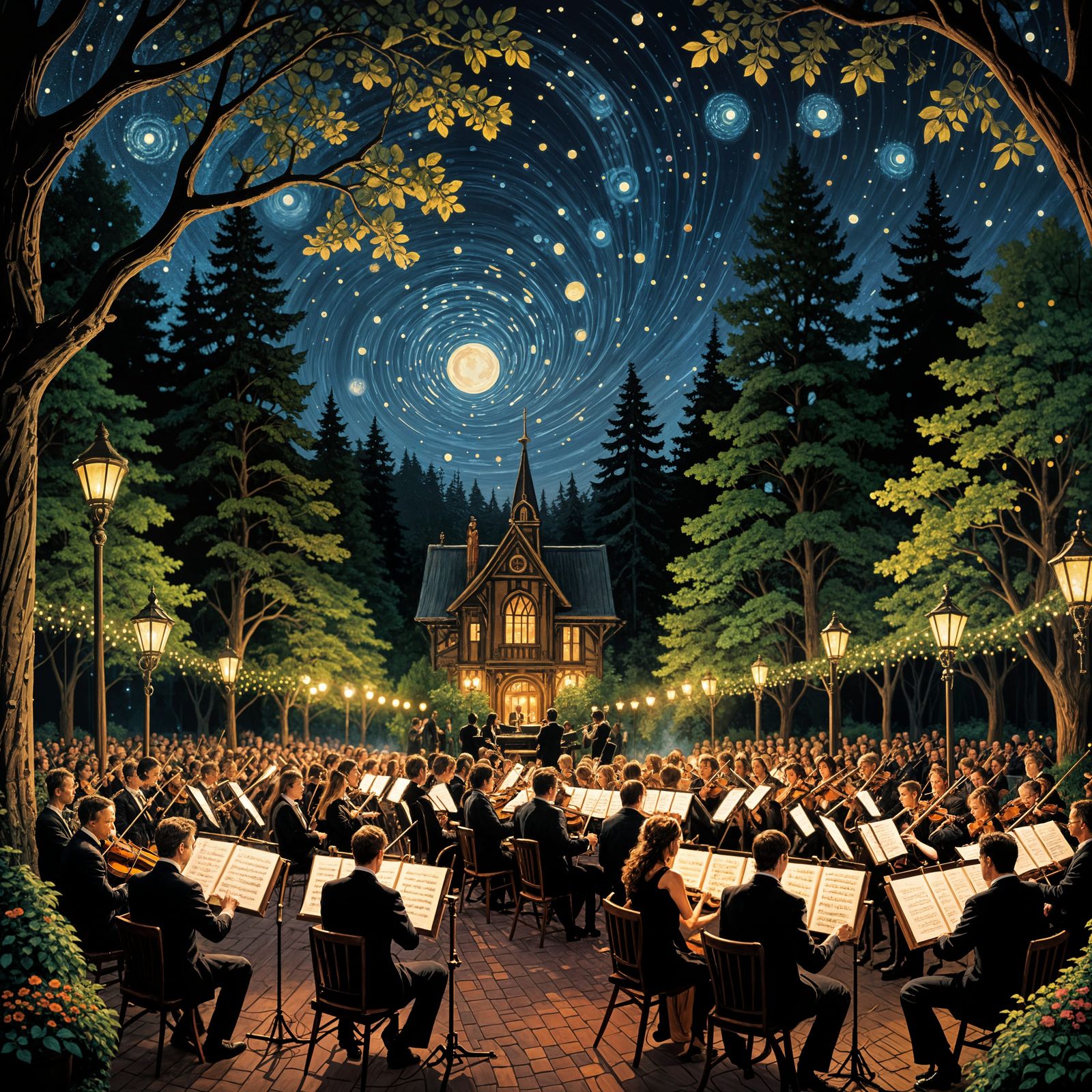 A full Orchestra playing at night outside  by @Bunnzo