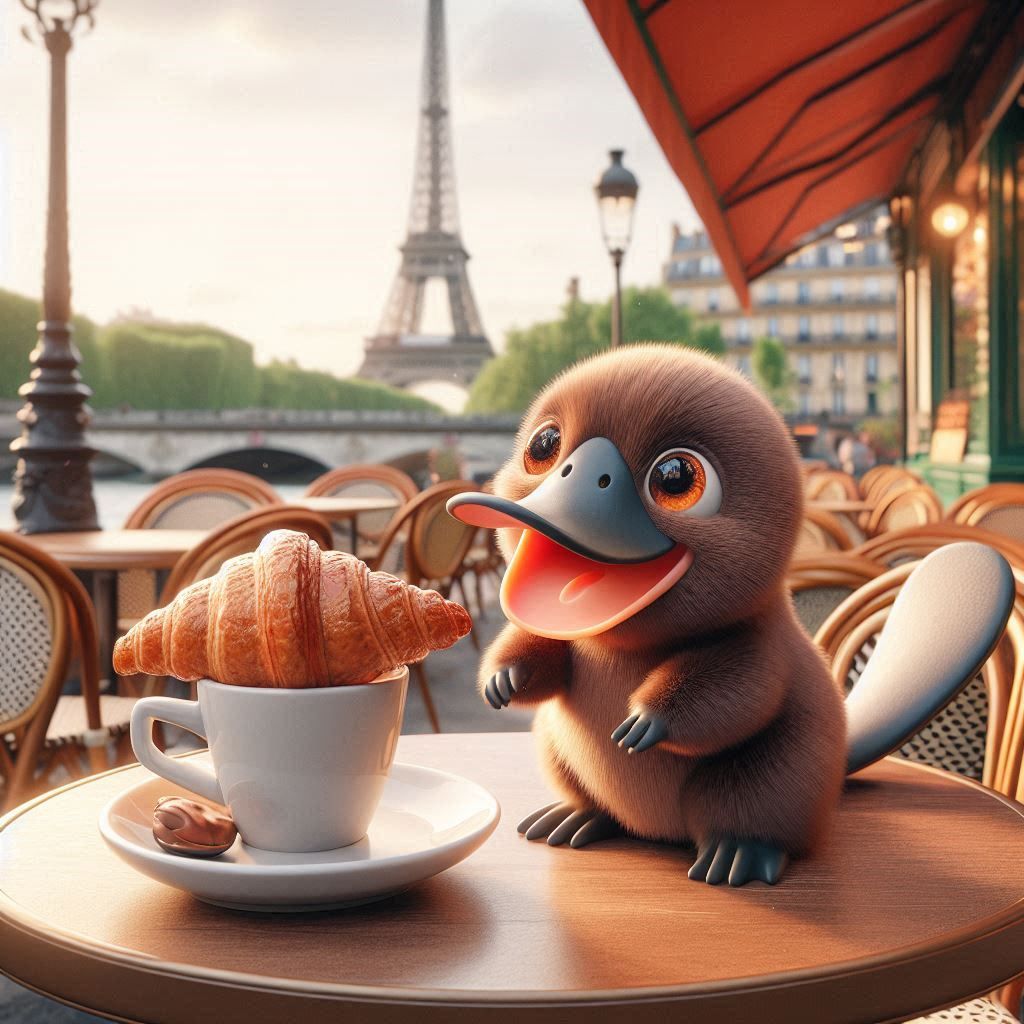 Penelope the Platypus visits a Parisian cafe
