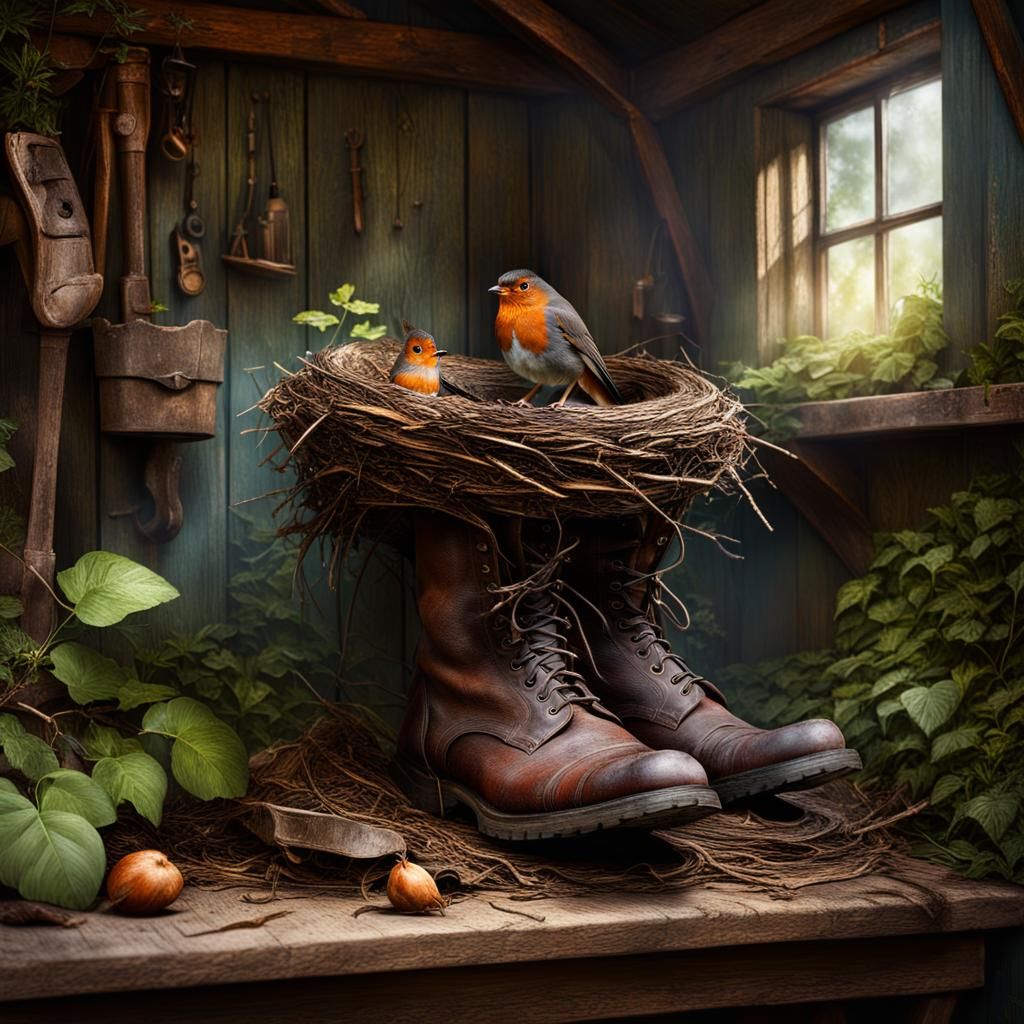 A robin sat on its nest in an old boot in a garden shed  by @TopDawg
