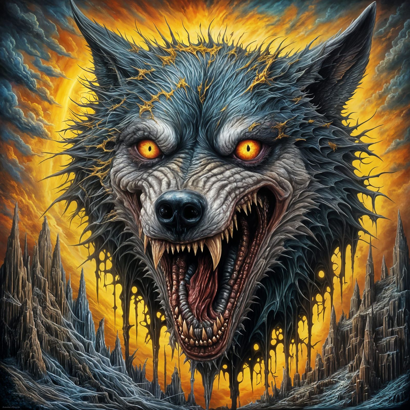 <lora:Scary Faces XL:1.0> a detailed portrait of a menacing Wolf, dripping saliva from Razor like teeth, anatomically correct,  open jaws,...