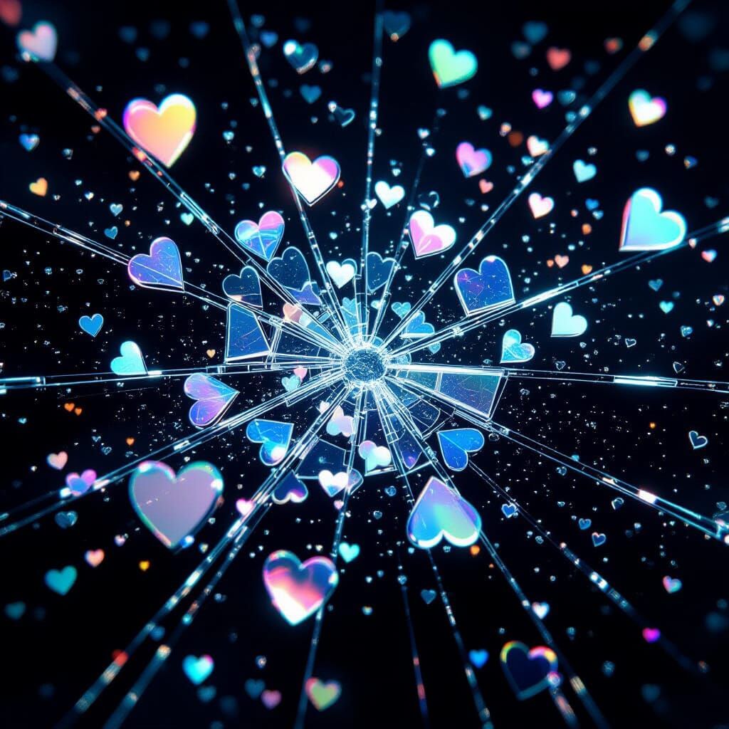 Shattering Glass Hearts in Black Void Macro Photo