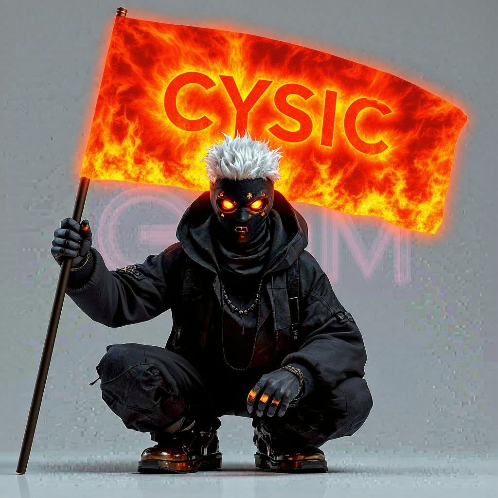 A mysterious Web3 tech builder in sleek futuristic streetwear. Wearing a custom black mask with glowing symbols, short white wool-textured h...