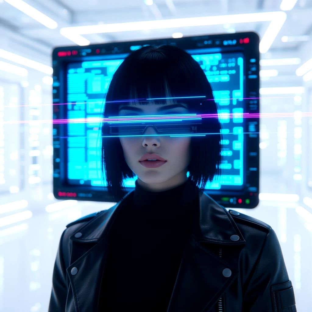 Super glitch and static face on a viewscreen with computer banks in the background.