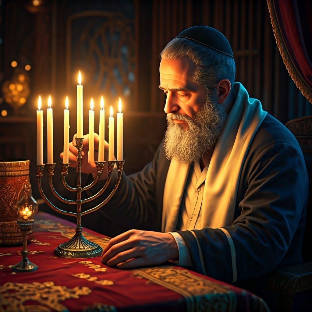 Jewish Man Prepares Shabbat Candles in a Futuristic Sanctuar...