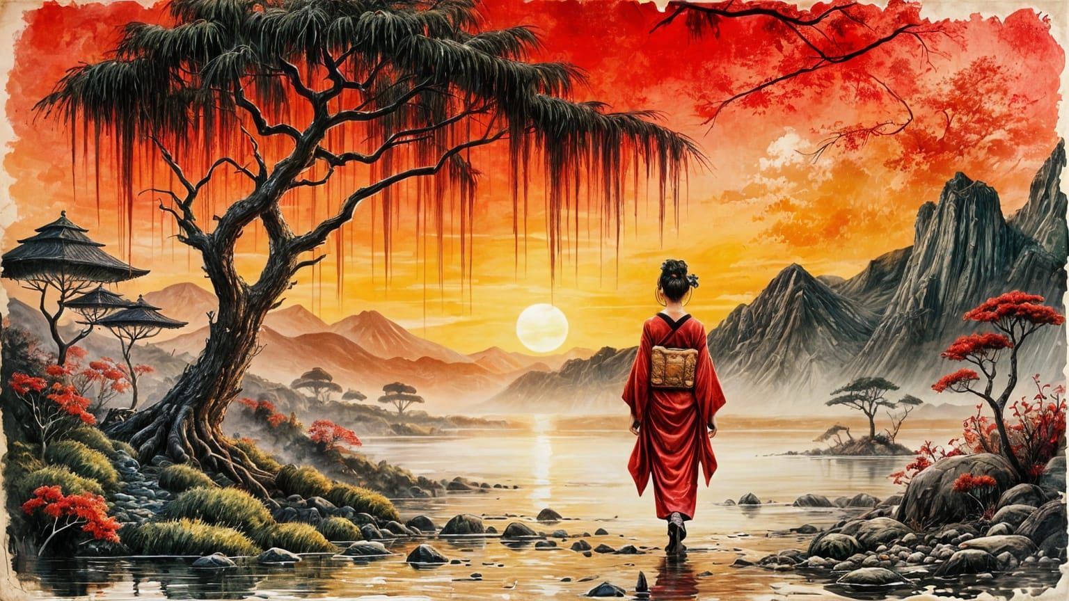 Serene Geisha in Japanese Garden Impasto Painting