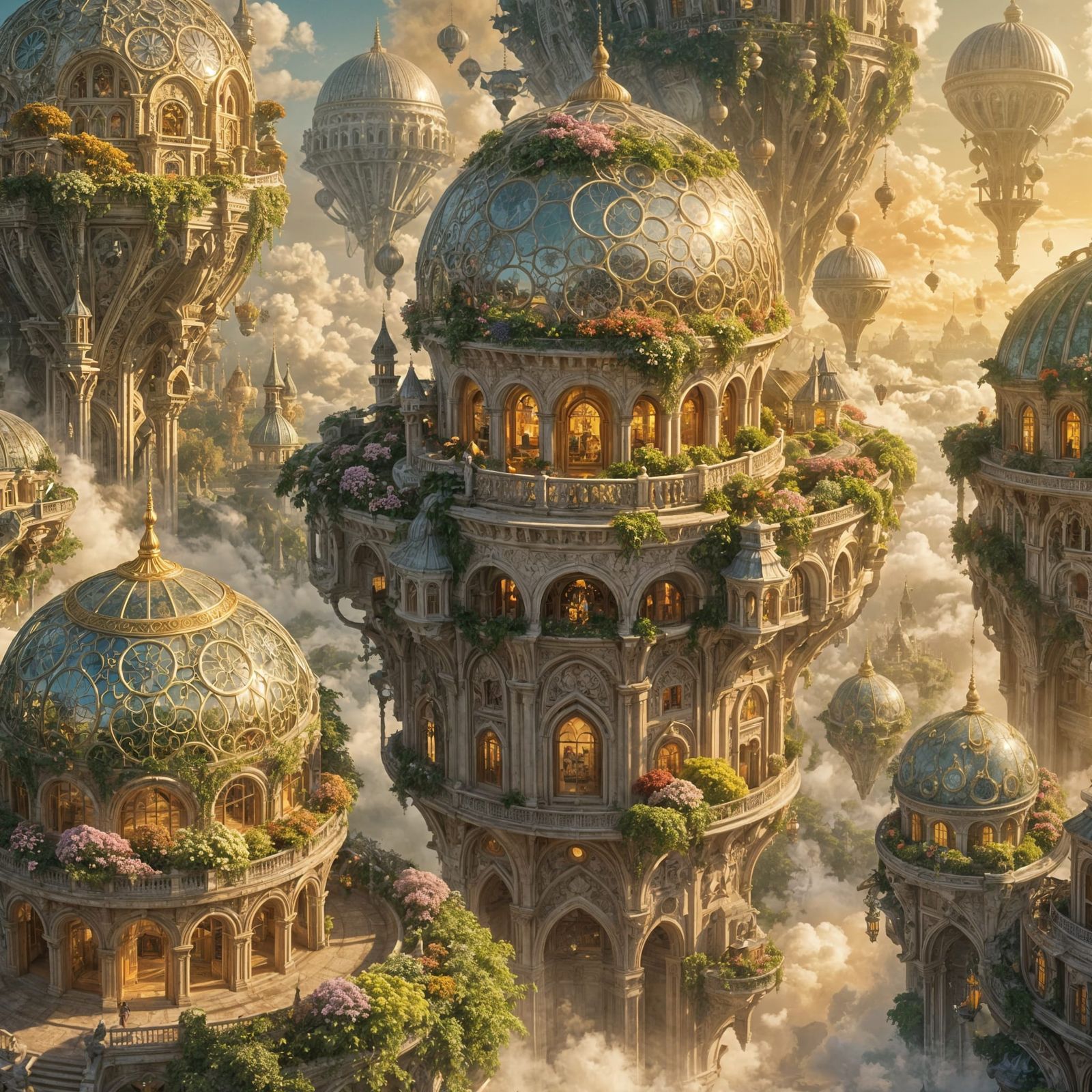 Surreal Floating City Amidst Golden Light and Soft Clouds