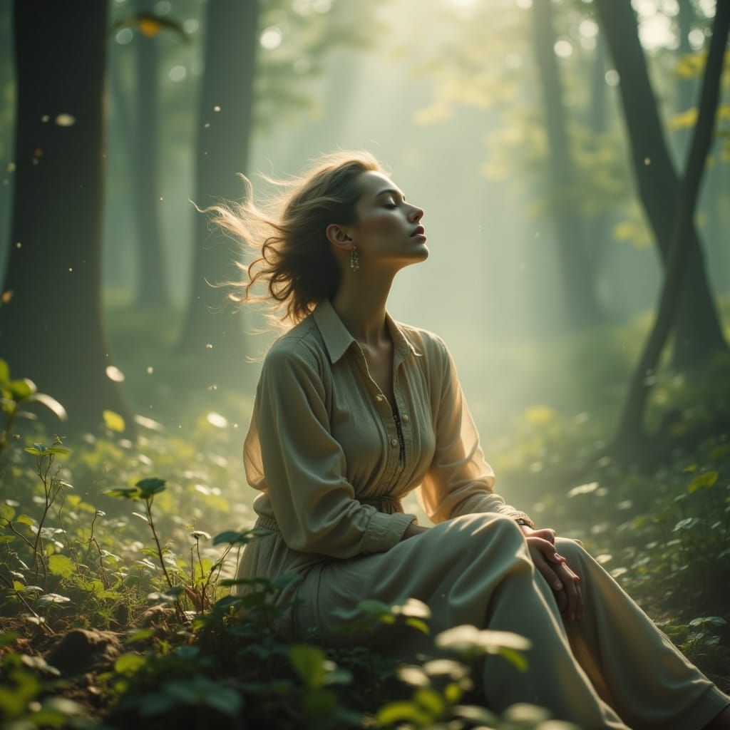 Serene Forest Scene: Woman in Gentle Morning Light
