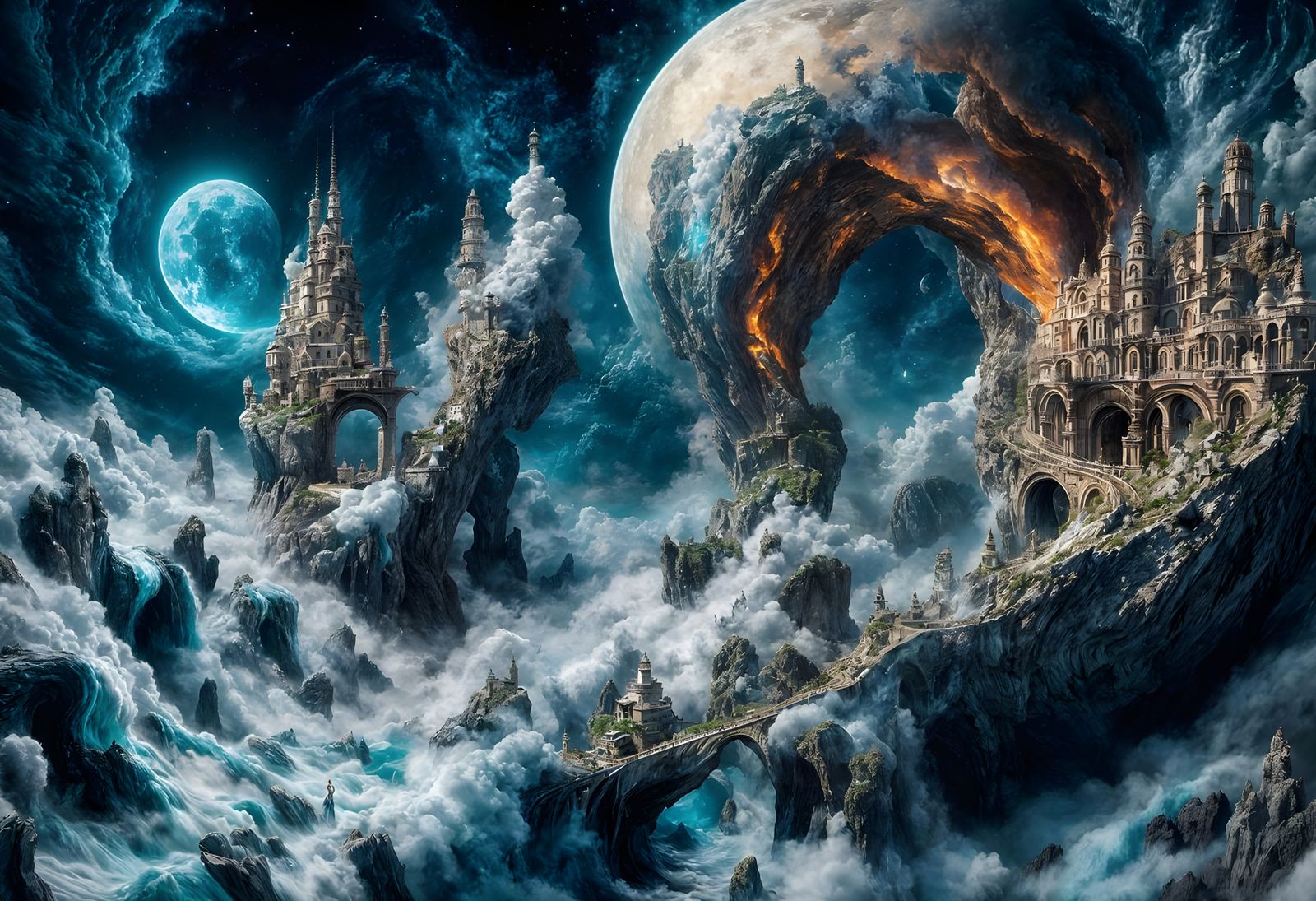 Ethereal Masterpiece: Spiraling Moon Over Majestic Lighthous...