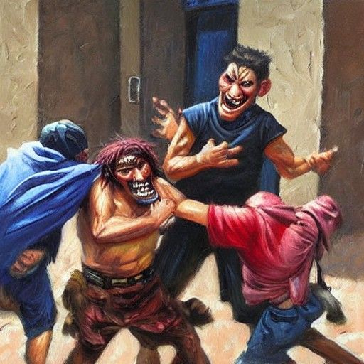 A Violent Confrontation in a Gritty Oil Painting Style