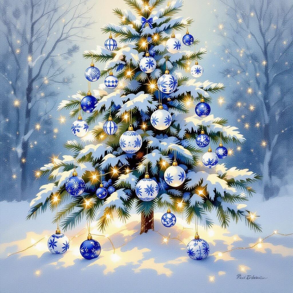 Blue and White Porcelain Christmas Tree in Watercolor Style