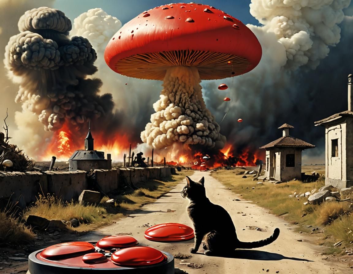 photo of a cat pushing the red button, a mushroom cloud in the background