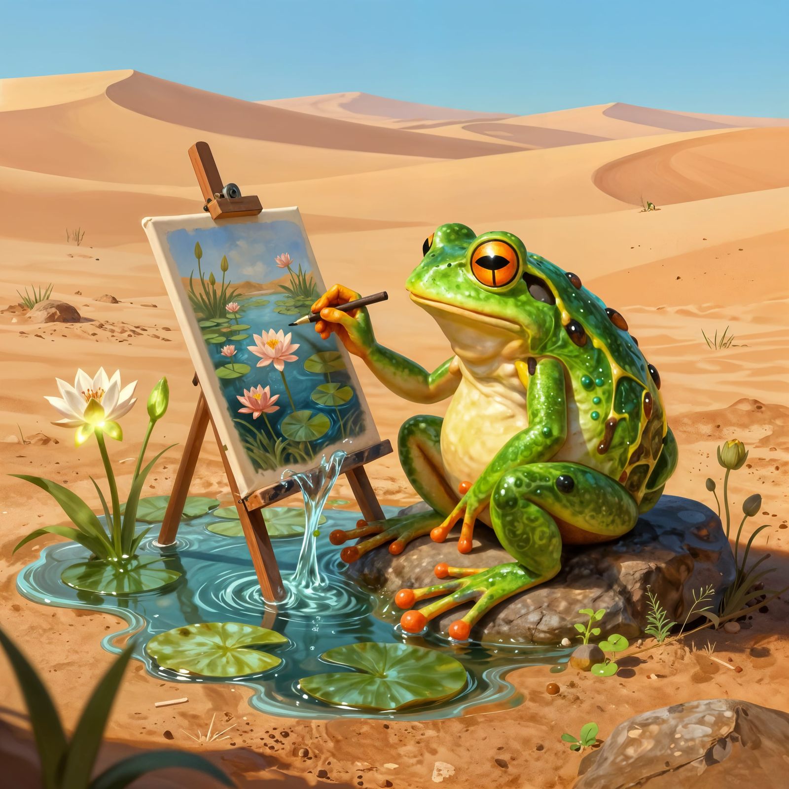 A frog in a desert, creating a water lily pond.  by @Max Strandberg