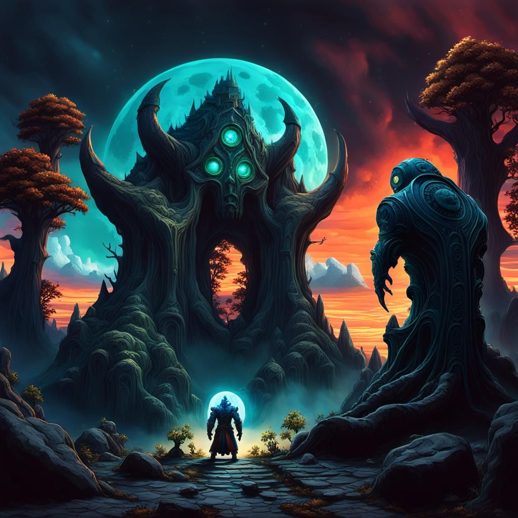 Realistic Fantasy Temple Scene with Ancient Golem Guardian