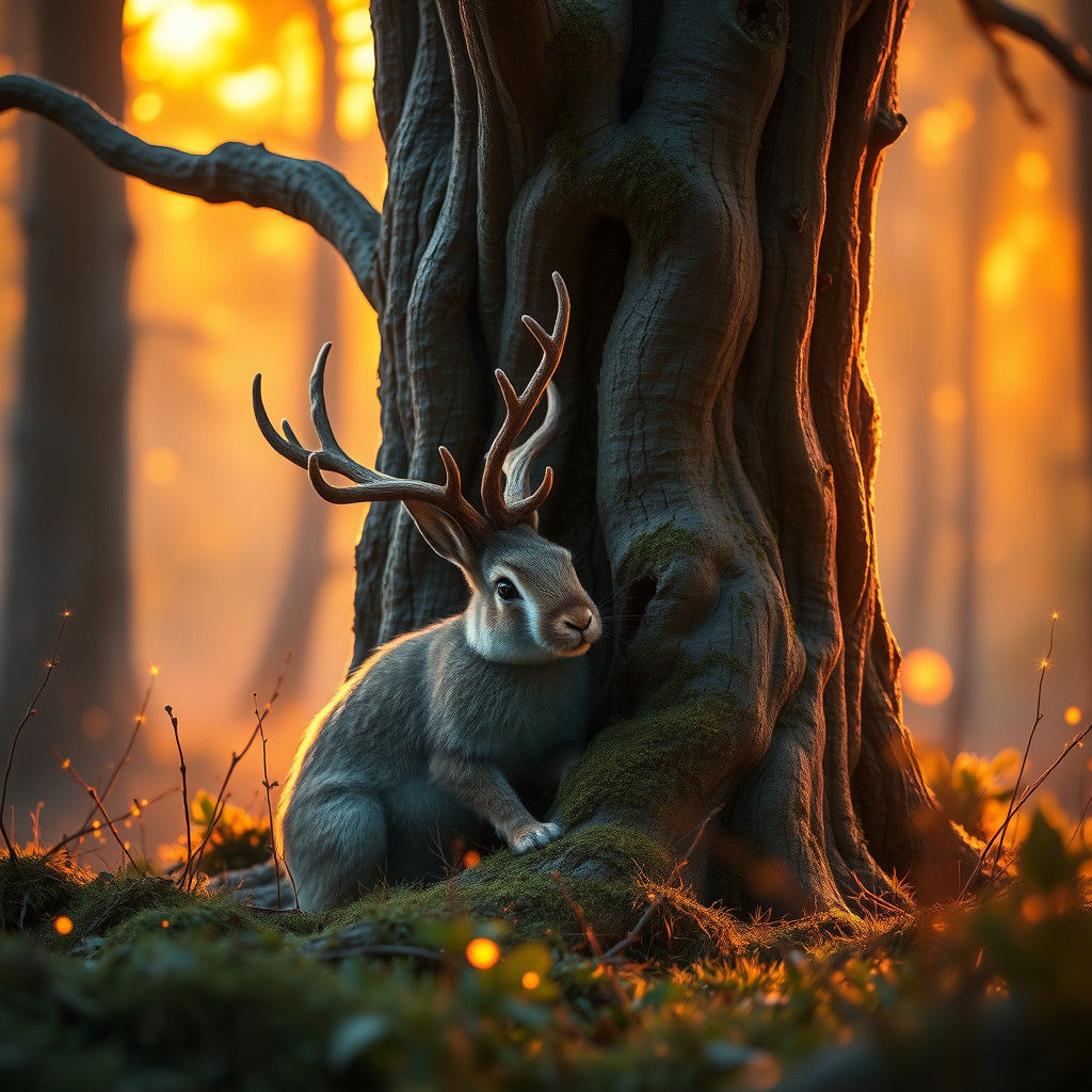 A cute jackalope (a jackrabbit with antlers) in a beautiful magical forest shyly peeking our behind a ...  by @hrid-