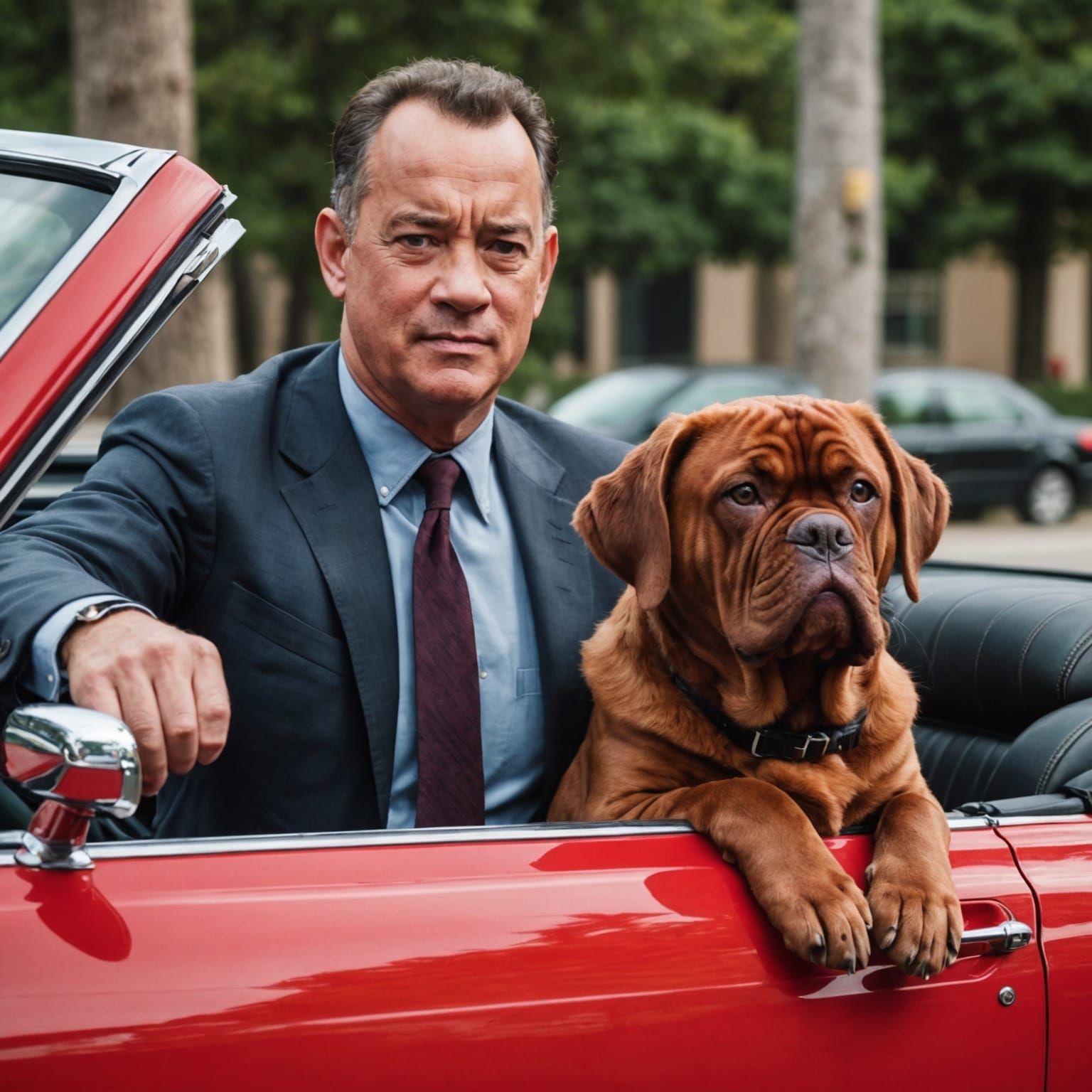 Actor Tom Hanks and a brown French Mastiff in a red convertible, close up action shot  by @Neosymbionic