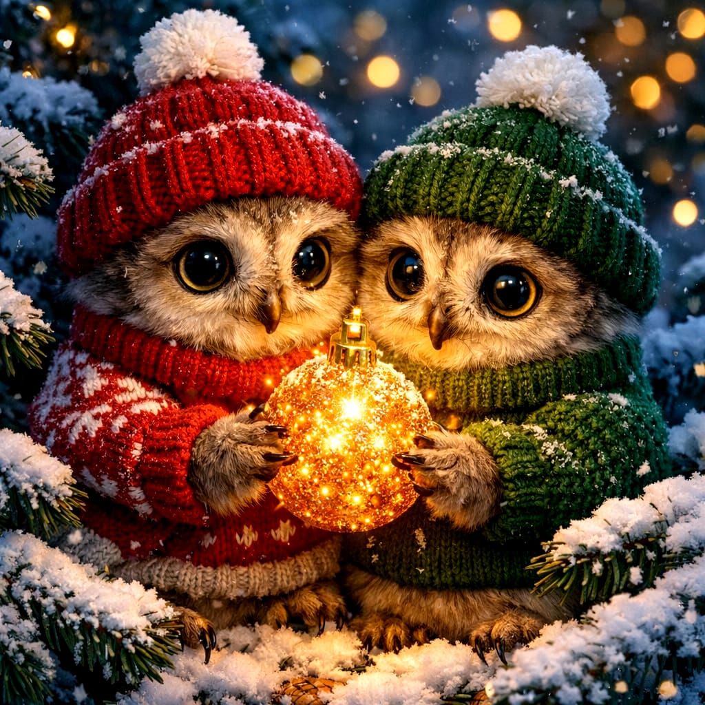 Owlets and the Ornament   by @Manaconda