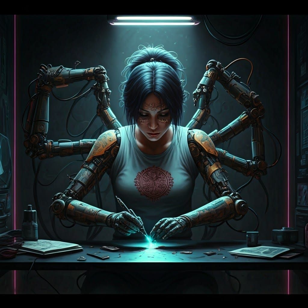 A robotic tattoo artist with multi-functional arms. Intricate cybernetic patterns are etched with precision ...  by @KomBib