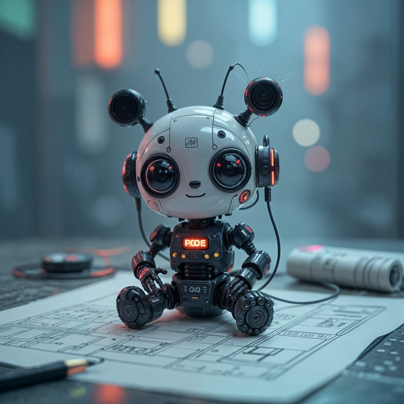 On a sheet of technical drawings sits a small, cute creature made of wires, threads, and various electronic ...  by @Likra