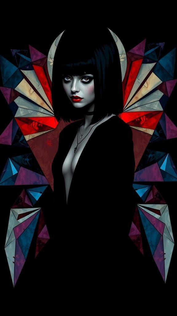  Cubism goth woman geometry wings , black on black shapes , blue ,purple, red highlights