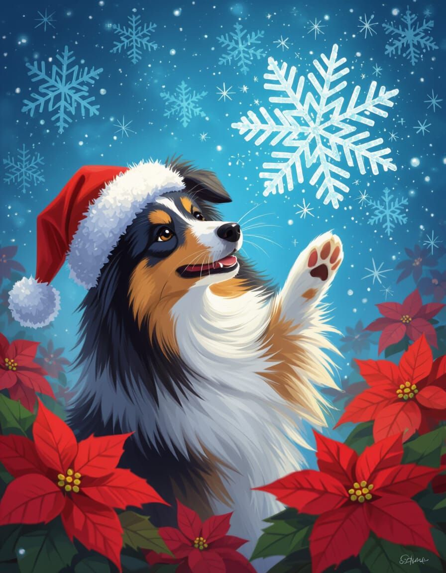 Sheltie batting a snowflake