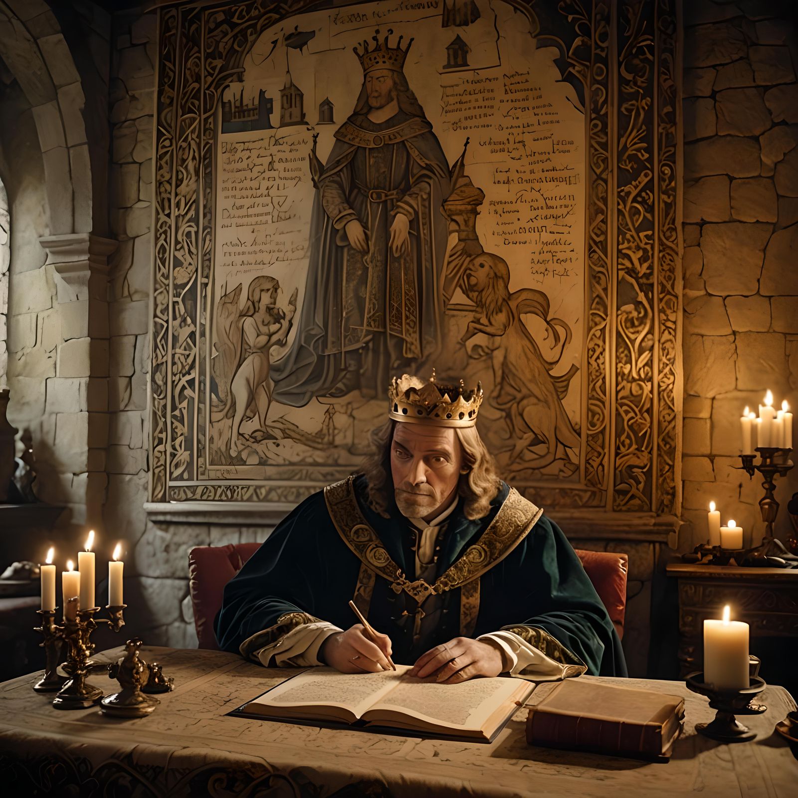 "King's Paperwork"Stone walls of the bedroom of 14th century castle. King in his formal robes with Crown ...  by @Bill Wallace