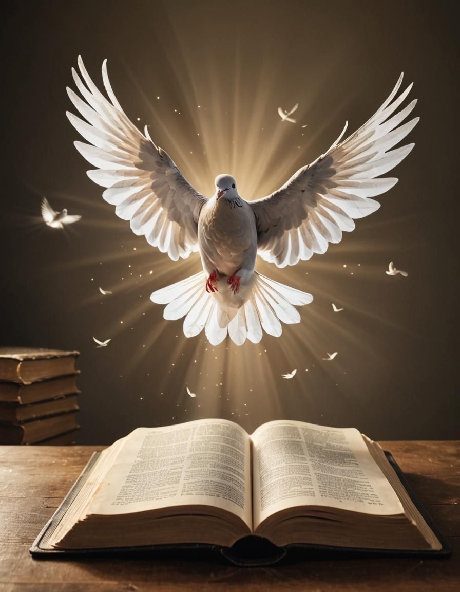 Open Bible On A Desk With Single Dove Flying Out Of The Pages. A 