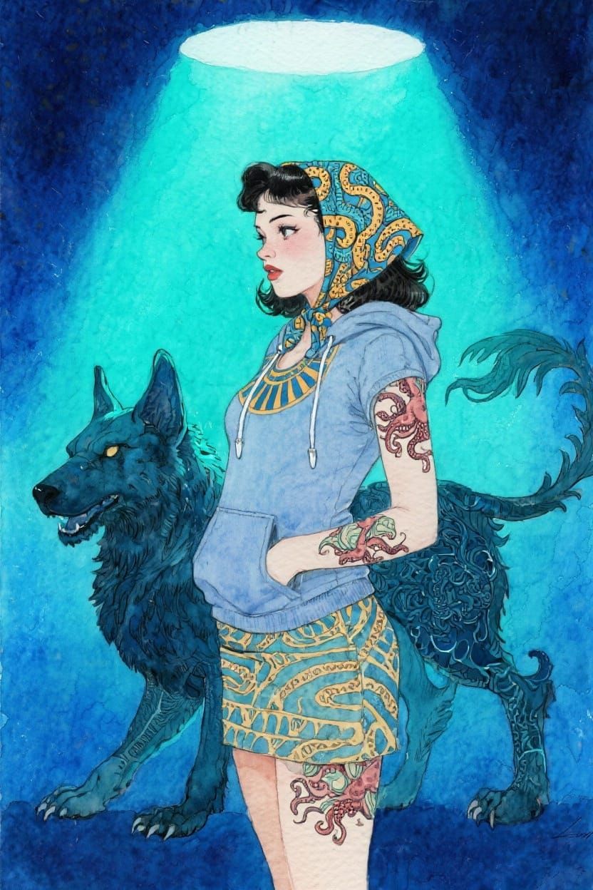 Woman With Mythical Tattoos Before Hybrid Creature