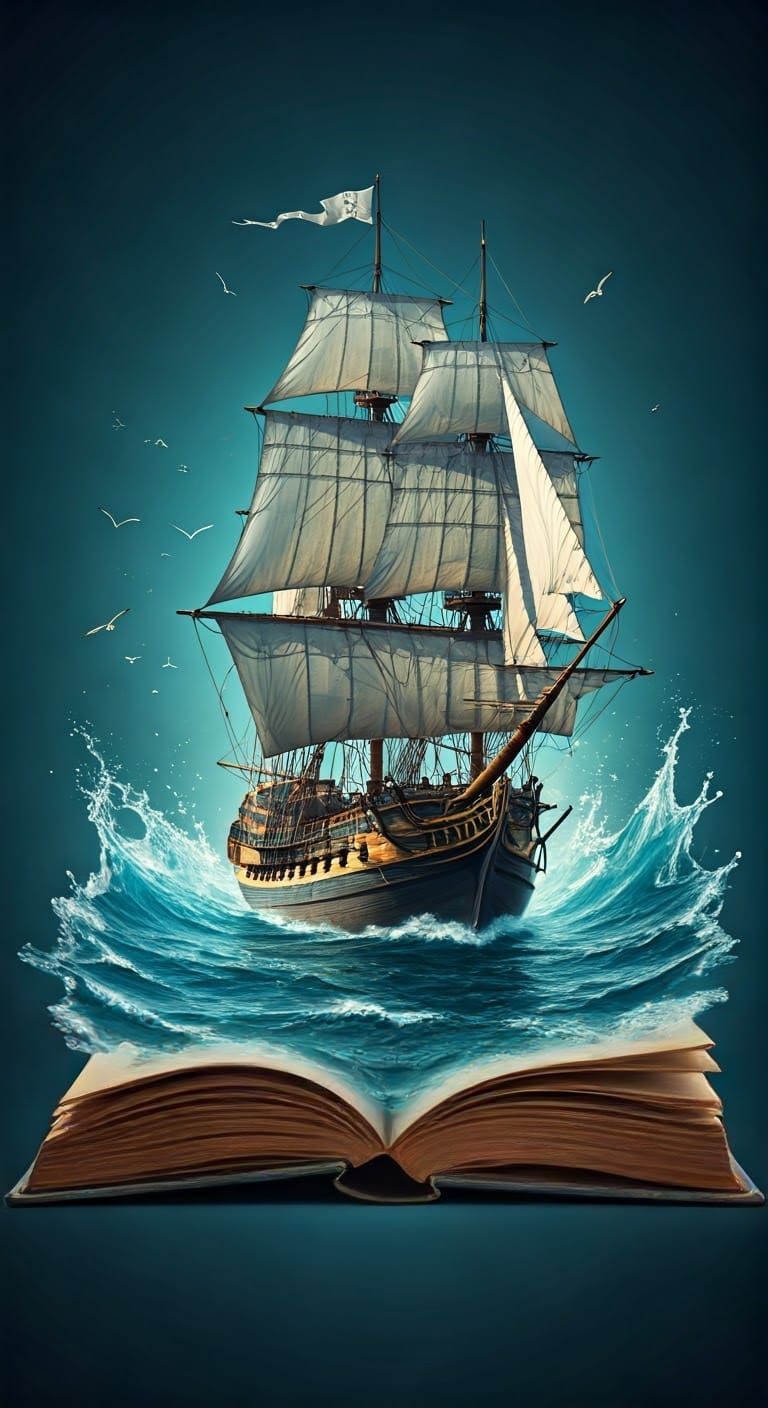 Surreal Pirate Ship Emerges from Open Book in Vibrant, Hyper...