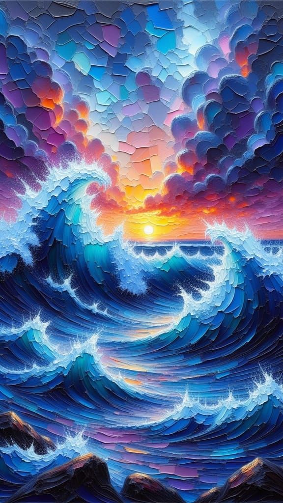 Lighthouse Against Stormy Sea at Sunset | Dramatic Waves and Sky in Textured Oil Impasto Painting - Start Image 2