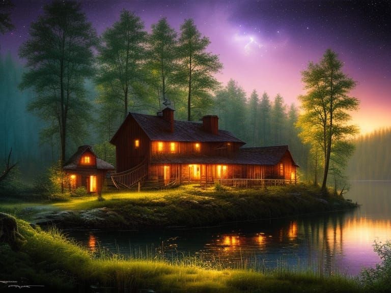 Underwater Eerie Little Farmhouse In a Deep Forest Lake Purp...