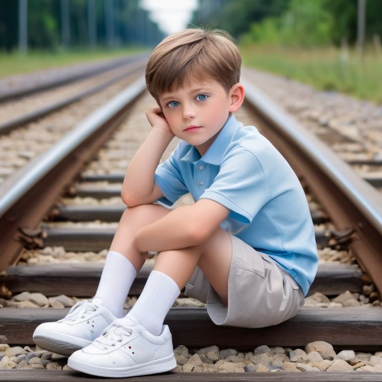 ילד יושב על פסי רכבת