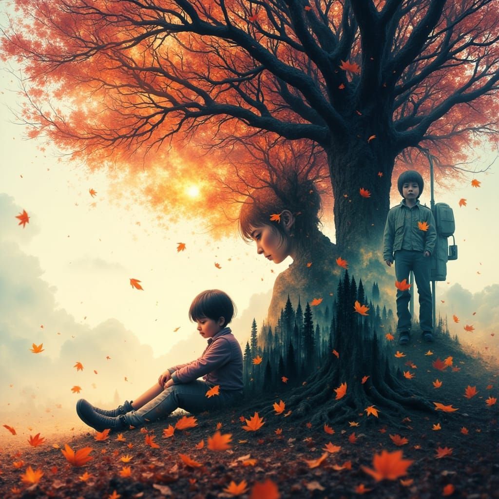 <lora:Abstract Reality:1.0> Double exposure of a child sitting on the ground, fallen leaves all over the ground, beautiful trees in shades t...