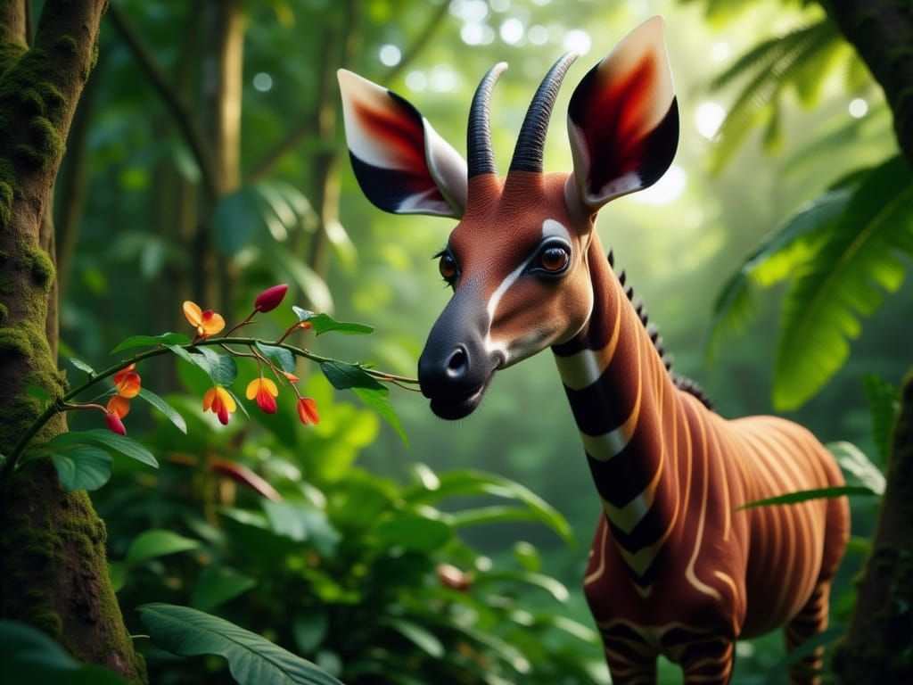 <lora:FiosExoticMammals:1.0> Male Okapi in a forest