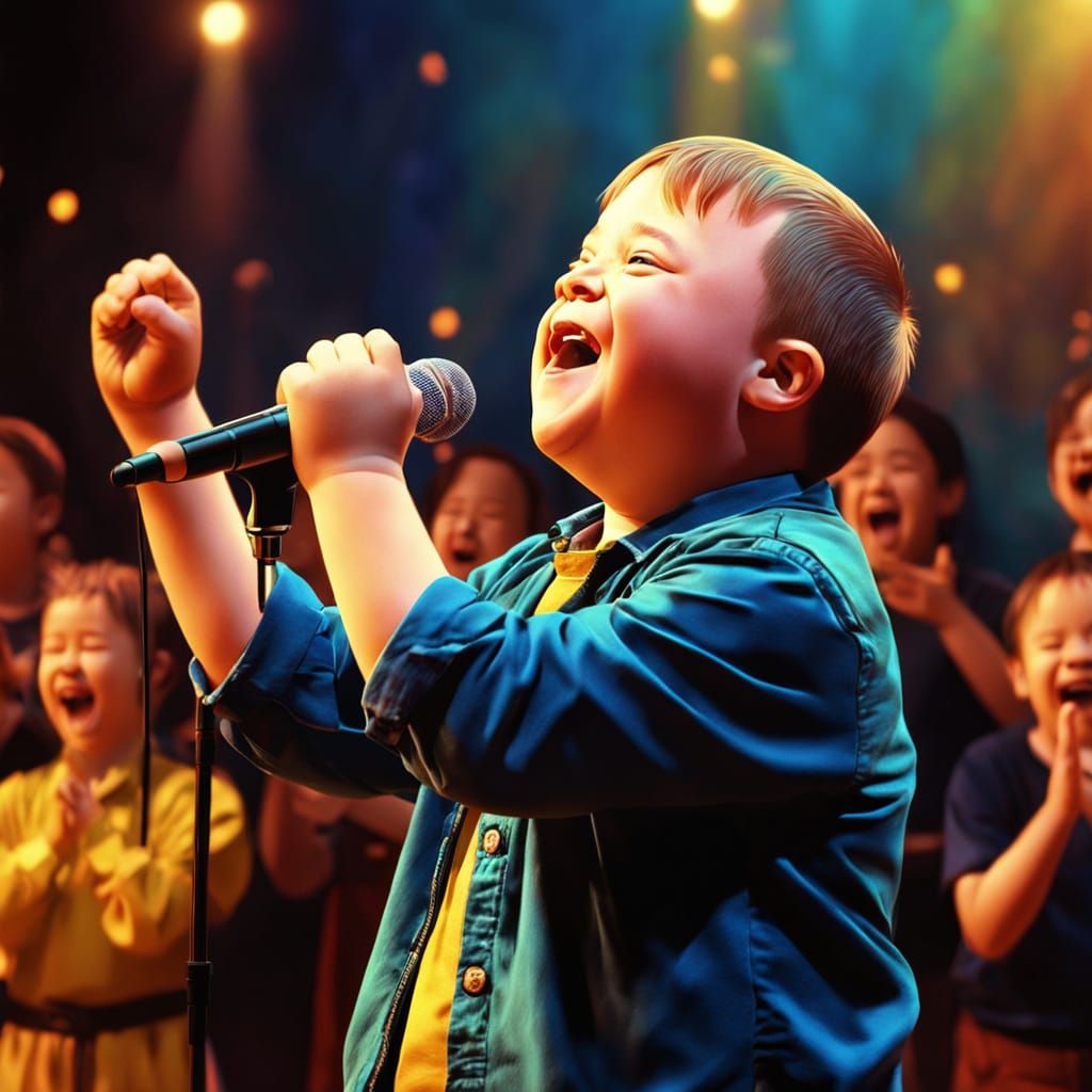Joyful Boy with Down Syndrome Sings On Stage