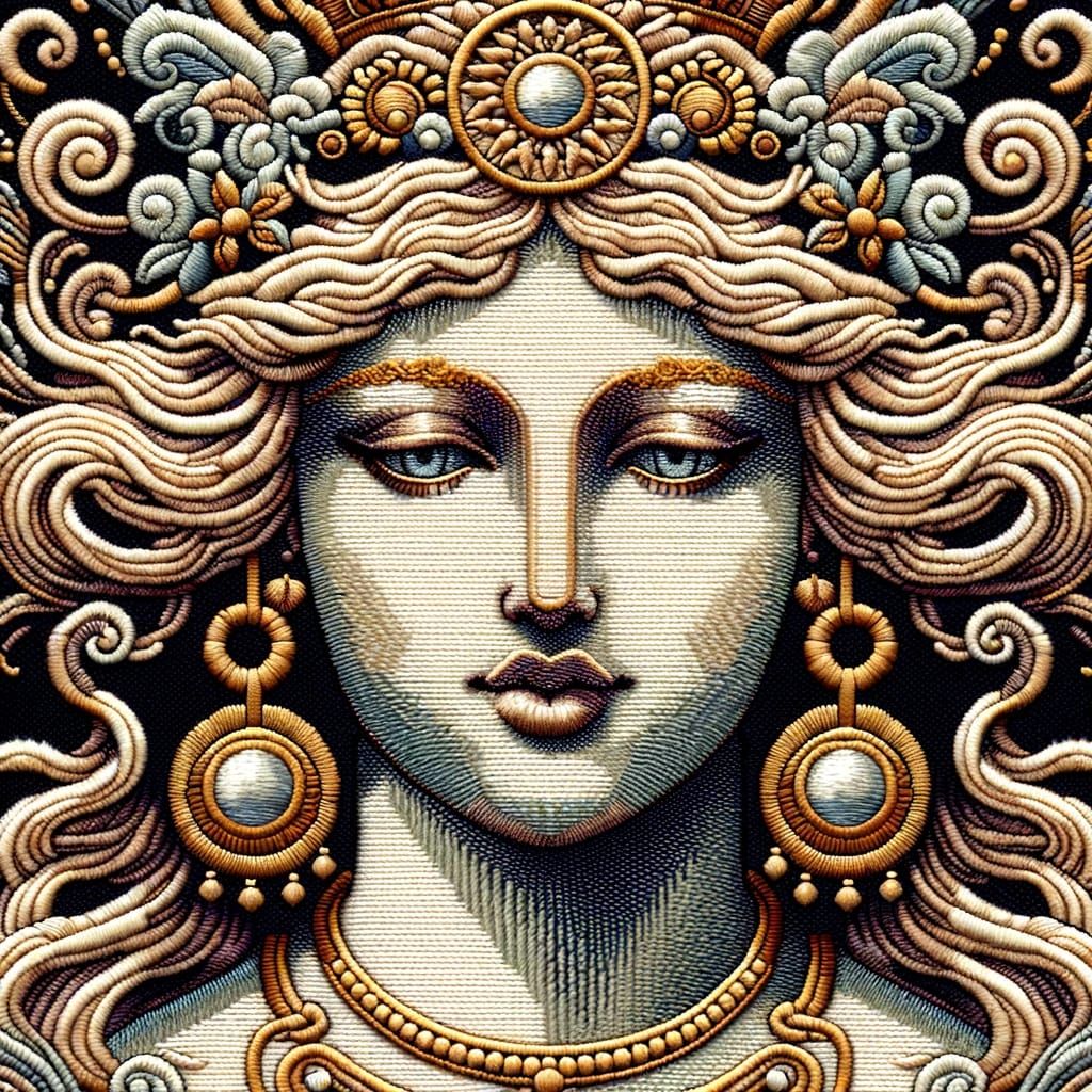 Pixel Art Embroidery An up-close head and shoulders depiction of Goddess Seraphina, designed as