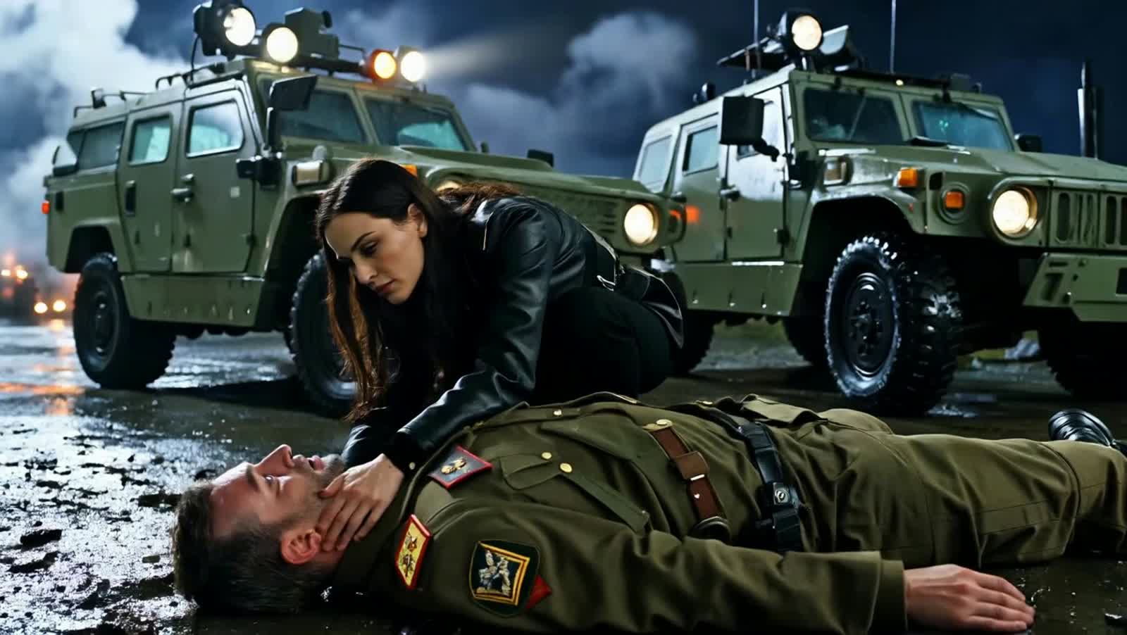 Natasha Romanoff said nothing at first. The night around them was chaos—alarms screaming, rain hammering the armored con...