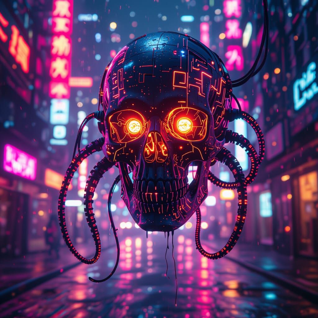 Cyberpunk Skull with Glowing Circuits in Neon City