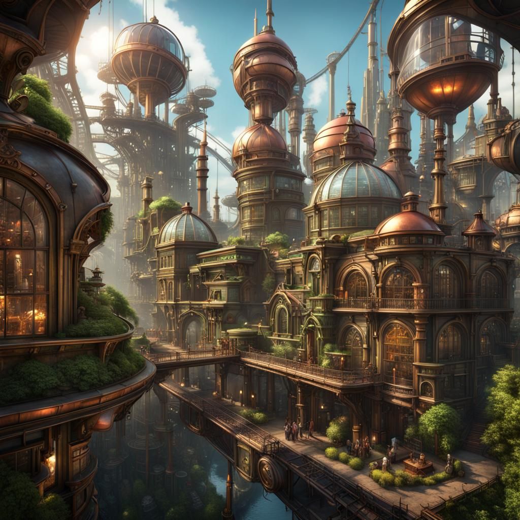 Steampunk city vista, lots of copper and glass, lush greenhouses ...