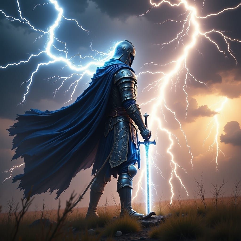 <lora:Raio Flux:1.0> A knight standing on a battlefield with a sword charged with electricity