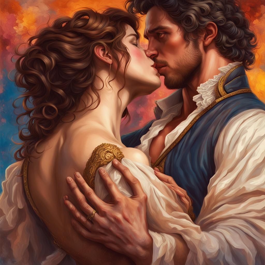 Regency woman with large bulging chest, embracing and kissing a man  by @Keling 