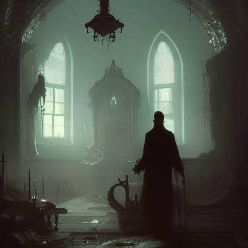 a ghostly figure in a house next to a Victorian cemetery