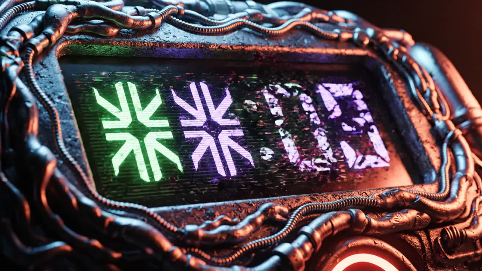 A digital bomb countdown where each number is made of shifting segmented glyphs, inspired by Predator wrist-computer run...