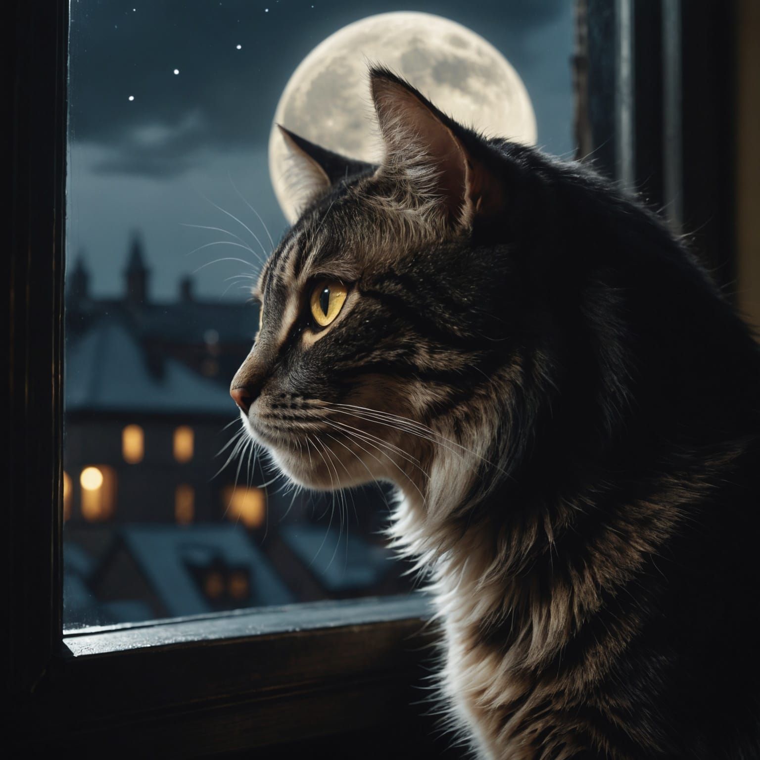 Ethereal Woman's Reflection in Cat's Eyes Amidst Midnight Mo...